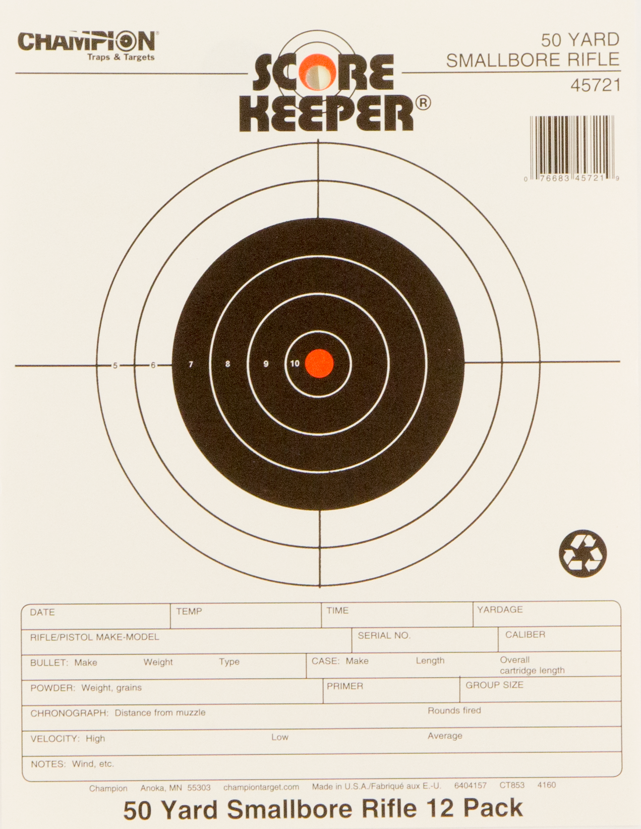 Champion 50 Yard Score Keeper Small Bore Rifle Fluorescent Orange & Black Bull Bullseye Targets 45721 - Image 1