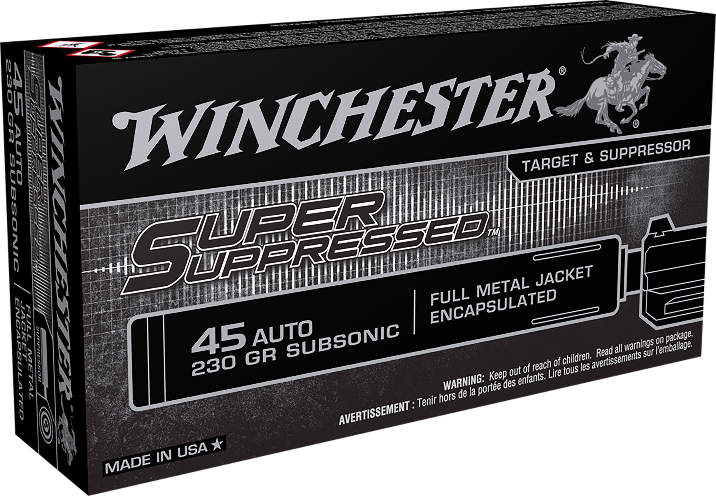 Winchester Super Suppressed 45 ACP Ammo 230gr FMJ-E Subsonic 50ct SUP45 - Image 1